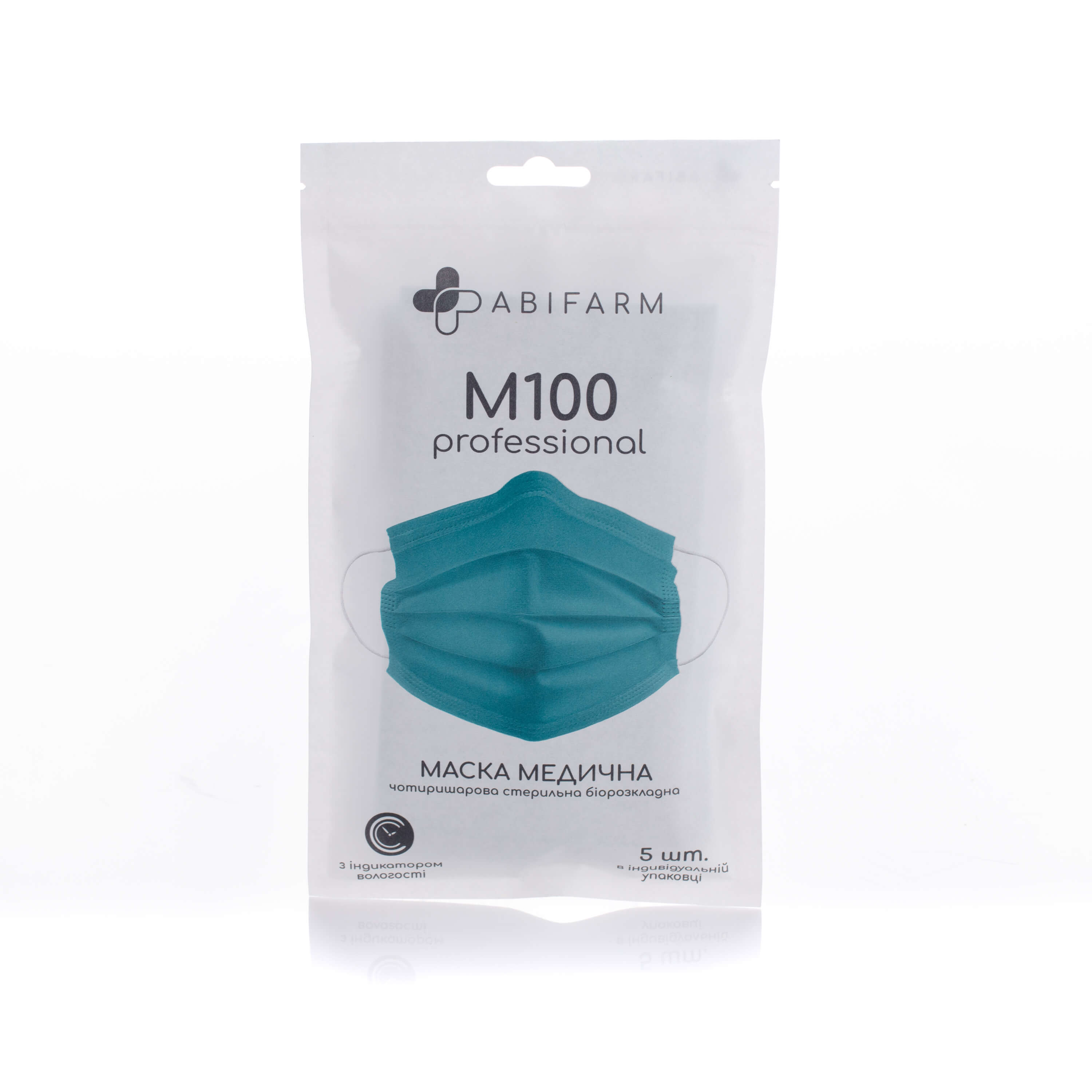 

Медичні маски Abifarm M100 з індикатором вологості, 4-шарові, стерильні 5 шт, M100 Professional, з індикатором вологості