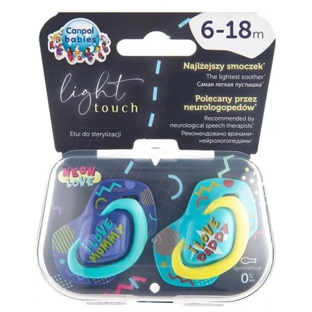 Пустушка Canpol babies Neon love (22 / 653_blu) силіконова симетрична 6-18 місяців, блакитна, 2 шт. : ціни та характеристики