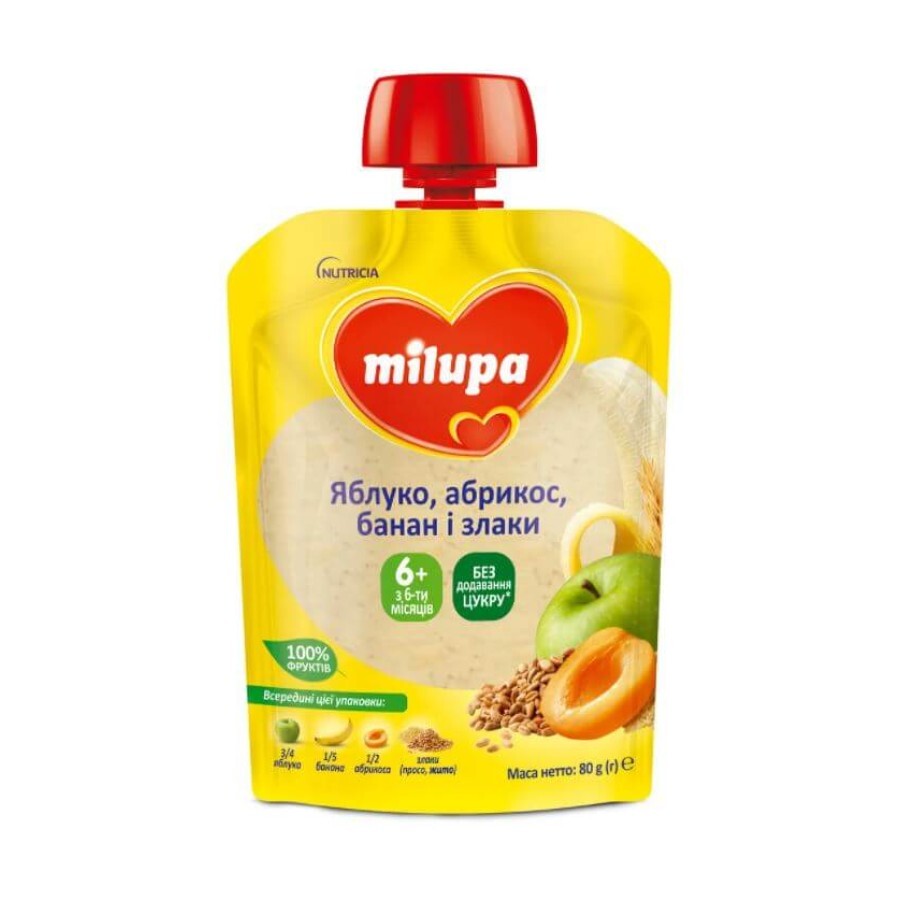 Пюре фруктовое Milupa Яблоко-Абрикос-Банан-Злаки для детей от 6 месяцев 80 г: цены и характеристики
