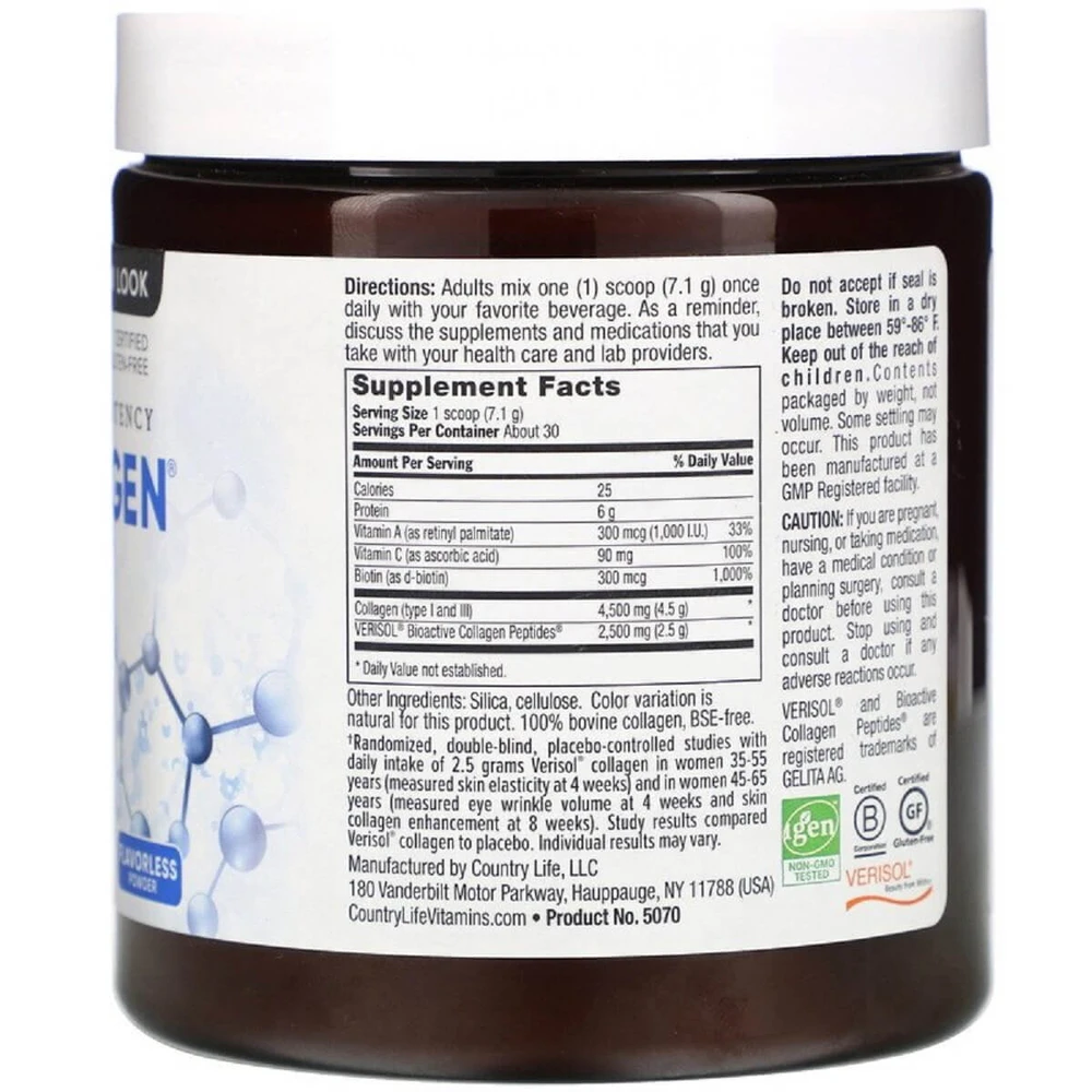 Коллаген 1 и 3 типов + Биотин Maxi Collagen Country Life 75 унций (210 гр): цены и характеристики