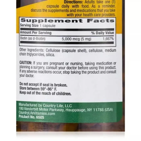Концентрированный биотин (В7) 5 мг High Potency Biotin Country Life 120 желатиновых капсул : цены и характеристики