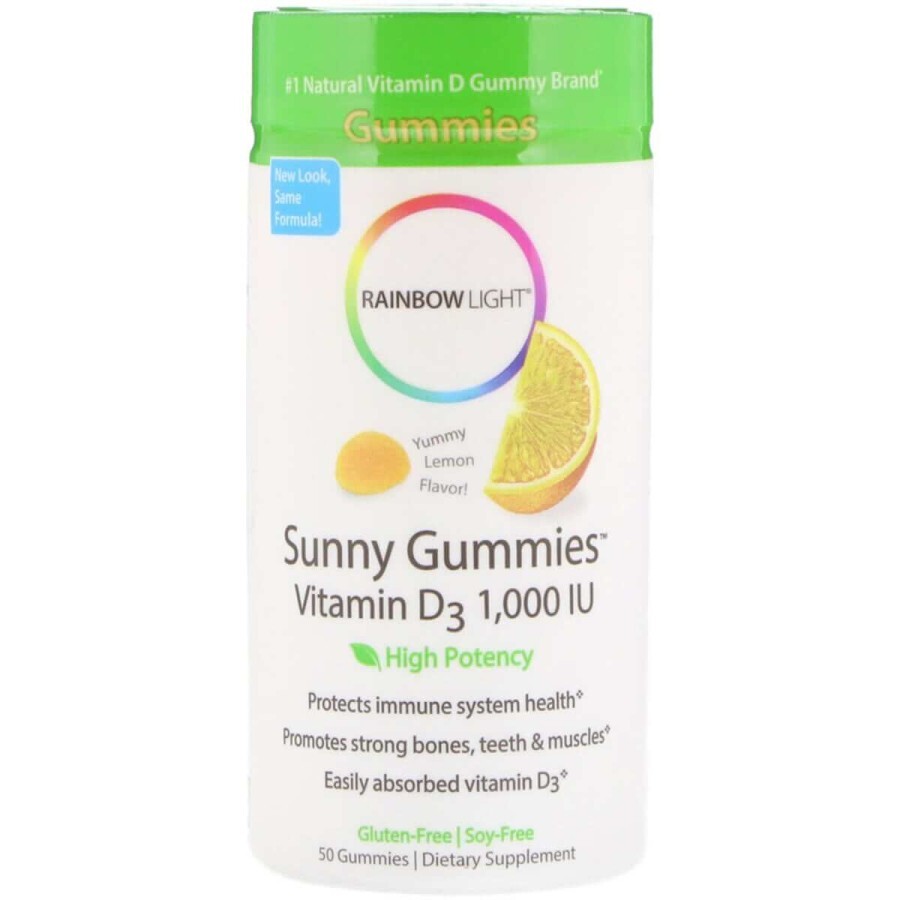 Вітамін D3 смак лимона Sunny Gummies Rainbow Light 1000 МО 50 жувальних цукерок: ціни та характеристики