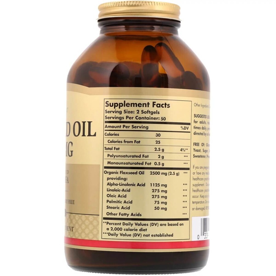 Лляна олія Flaxseed Oil Solgar 1 250 мг 100 гелевих капсул: ціни та характеристики