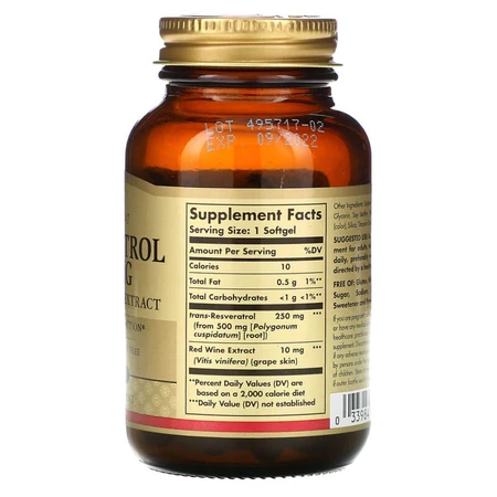 Ресвератрол с экстрактом красного вина 250 мг Resveratrol with red Wine Extract Solgar 30 гелевых капсул: цены и характеристики