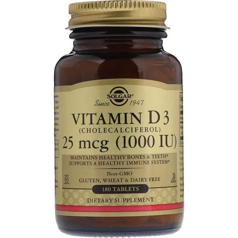 Вітамін D3 Cholecalciferol Solgar 25 мкг 1000 МО 180 таблеток: ціни та характеристики