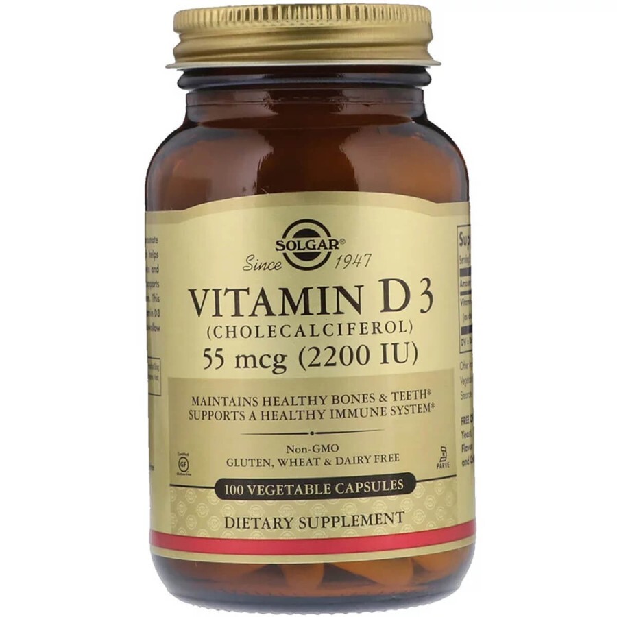 Вітамін D3 Vitamin D3 55 mcg (2200 МО) Solgar 100 вегетаріанських капсул: ціни та характеристики