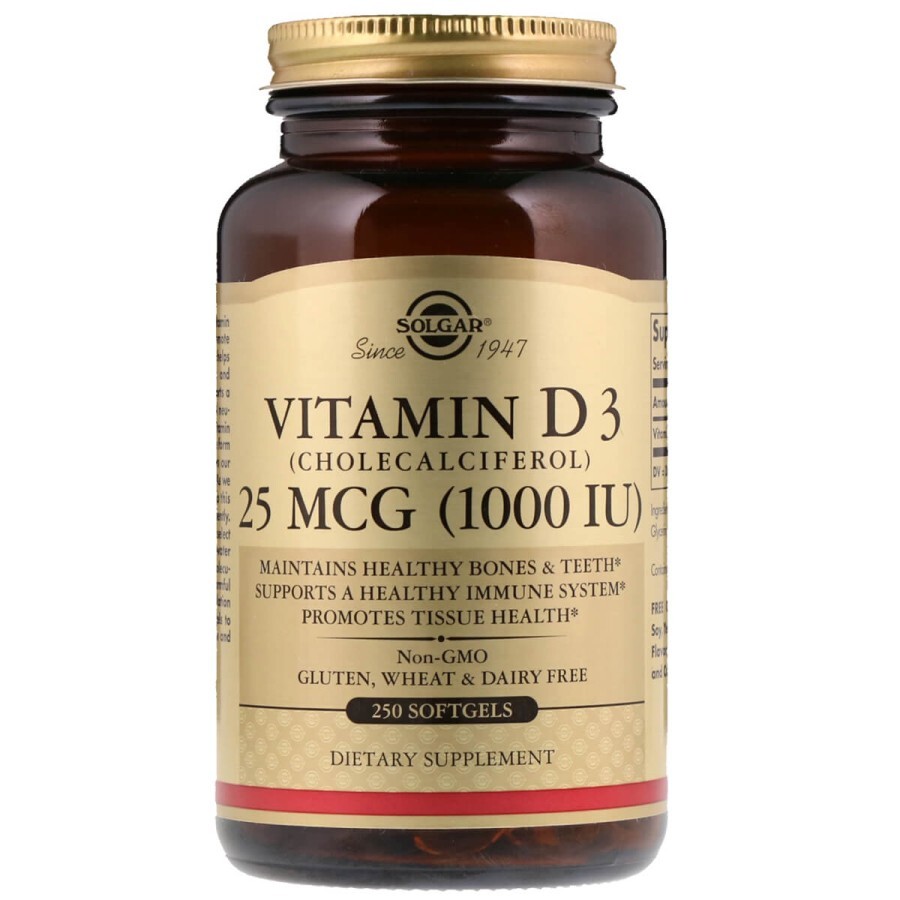 Вітамін D3 1000 МО Solgar 250 желатинових капсул: ціни та характеристики