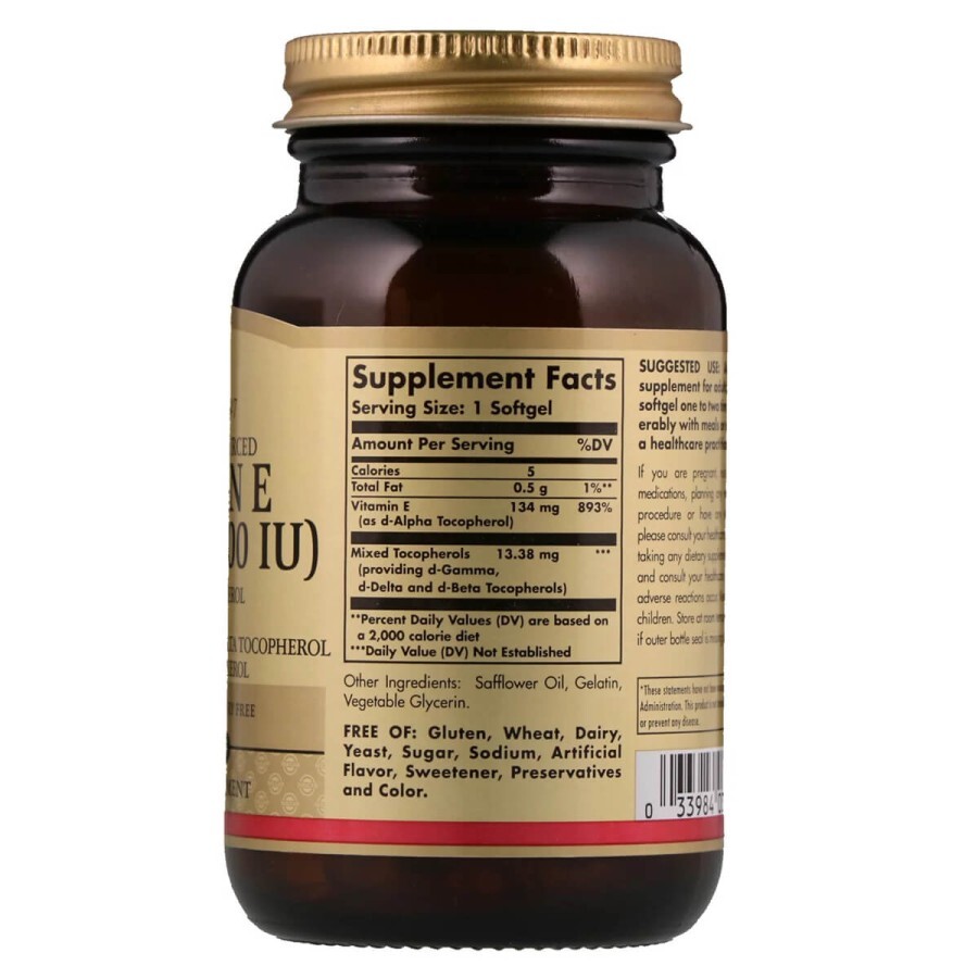 Вітамін Е 134 мг (200 МО) d-Alpha Tocopherol & Mixed Tocopherols Solgar 100 желатинових капсул: ціни та характеристики