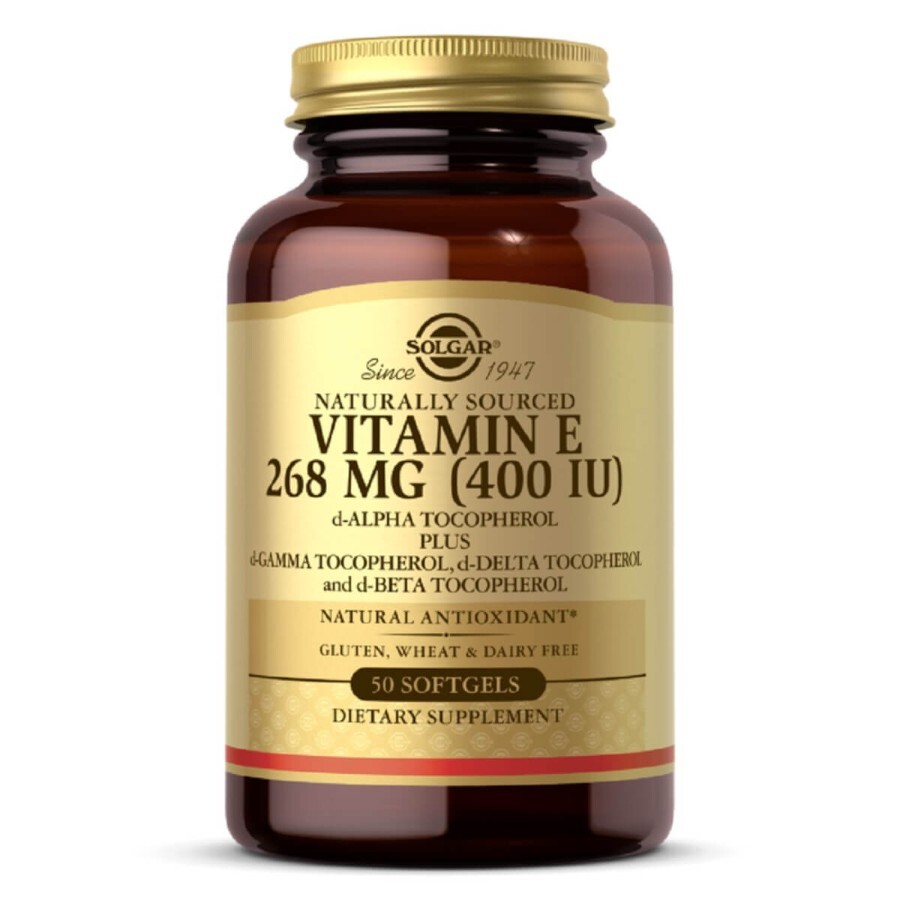 Вітамін E 268 мг (400 МО) Vitamin E d-Alpha Tocopherol & Mixed Tocopherols Solgar 50 желатинових капсул: ціни та характеристики
