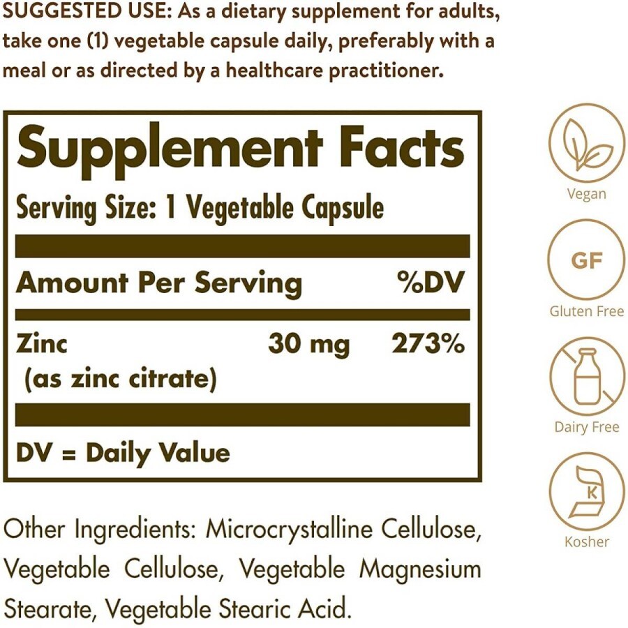 Цинк цитрат 30 мг Zinc Citrate Solgar 100 вегетаріанських капсул: ціни та характеристики
