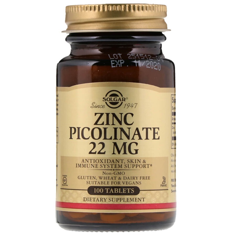 Цинк Піколінат 22 мг Zinc Picolinate Solgar 100 таблеток: цены и характеристики