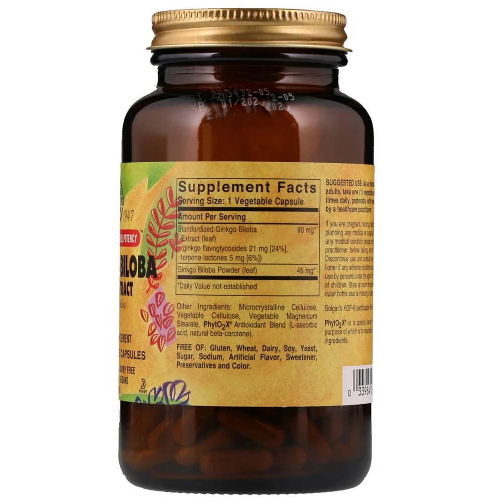 Екстракт листя гінкго білоба Ginkgo Biloba Leaf Extract Solgar 60 гелевих капсул: ціни та характеристики