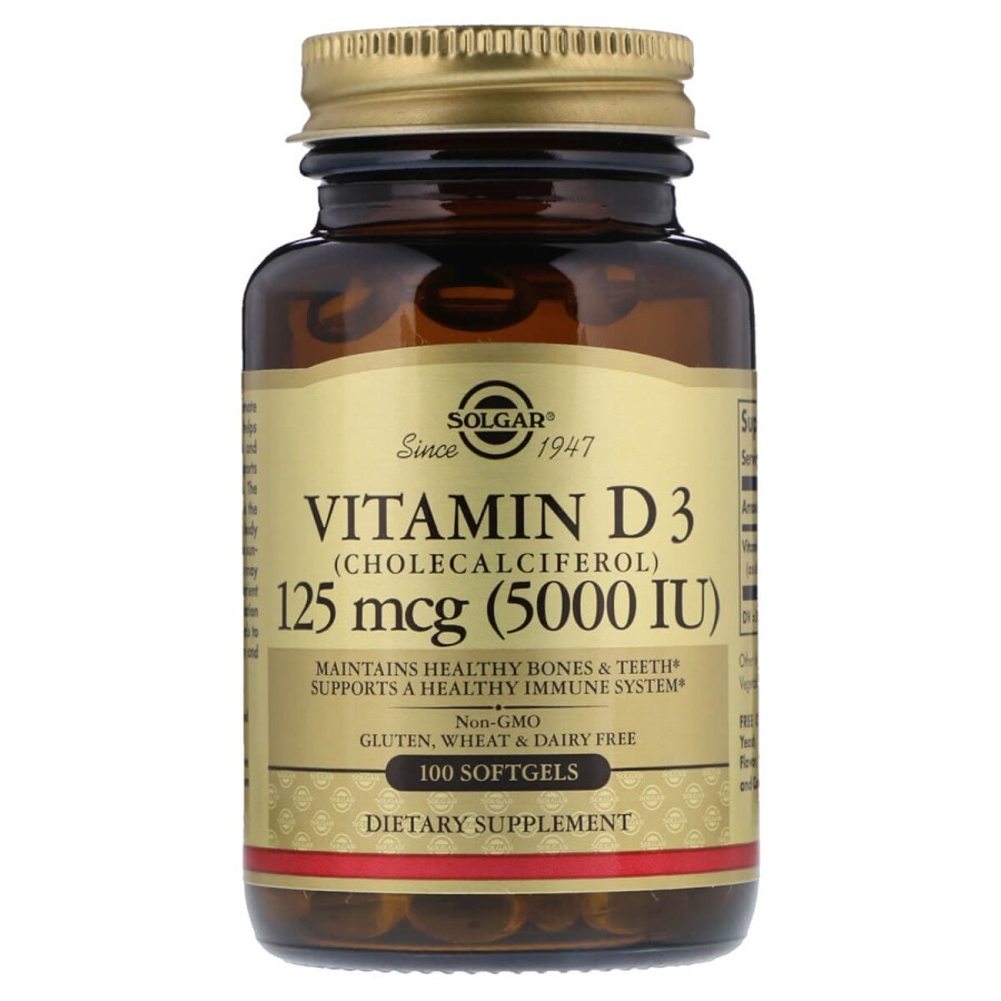 Витамин D3 5000 МЕ (125 мкг) Solgar 100 желатиновых капсул: цены и характеристики