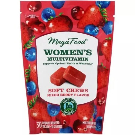 Мультивітаміни для жінок MegaFood Women's Multivitamin Soft Chews Mixed Berry Flavor 30 м'яких жувальних цукерок в індивідуальній упаковці смак ягід