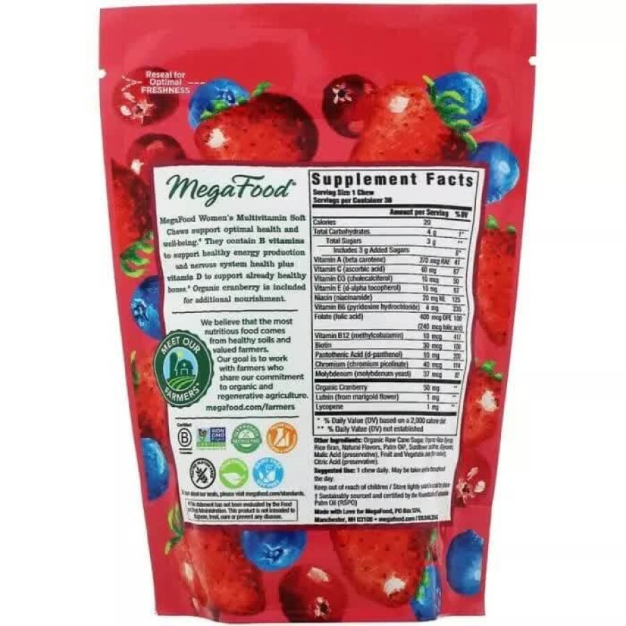 Мультивитамины для женщин MegaFood Women's Multivitamin Soft Chews Mixed Berry Flavor 30 мягких жевательных конфет в индивидуальной упаковке вкус ягод : цены и характеристики