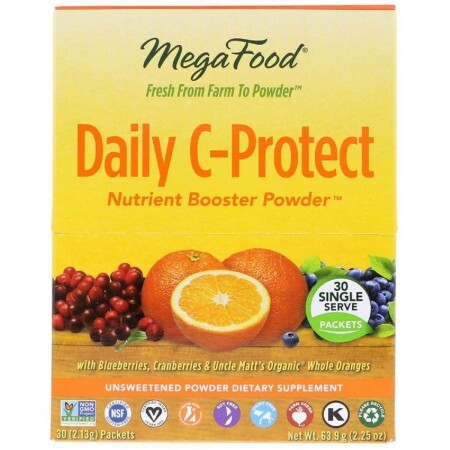 Щоденний комплекс поживних речовин з вітаміном C без цукру Фруктовий Смак Nutrient Booster Powder Daily C-Protect MegaFood 30 пакетиків (по 213 г)