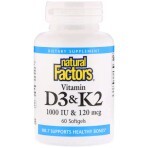 Вітамін D3 і К2 Vitamin D3 & K2 Natural Factors 60 гелевих капсул: ціни та характеристики