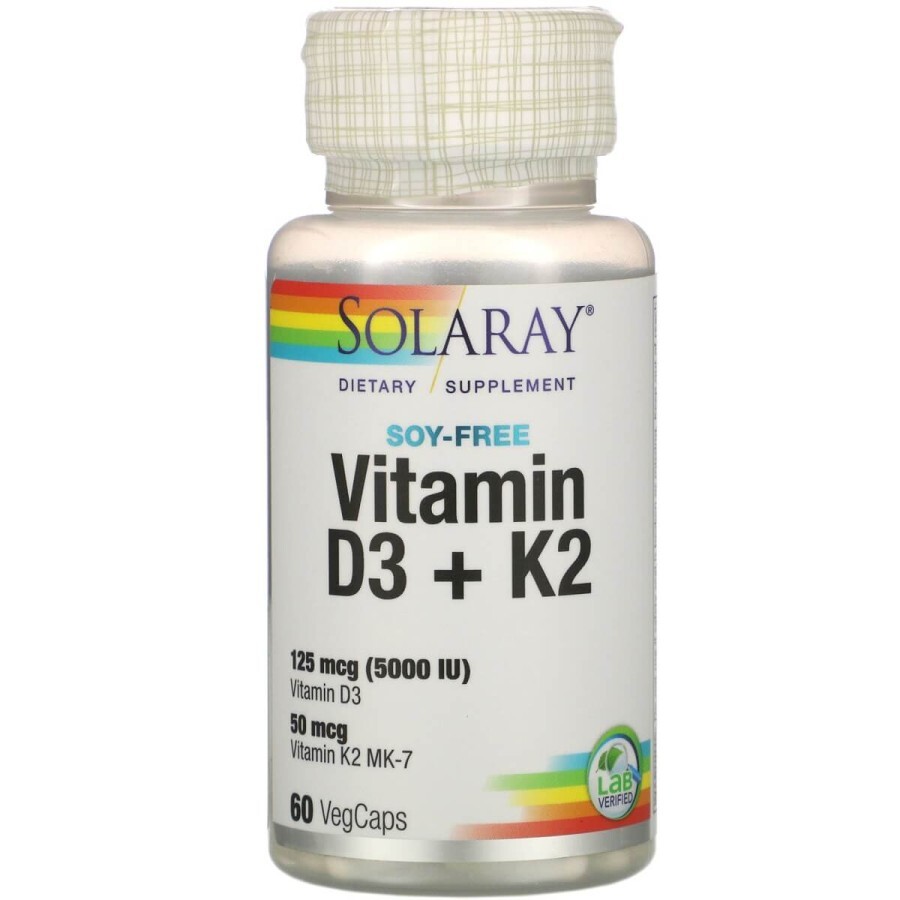 Вітамін D3 + K2 Solaray Soy-Free 60 вегетаріанських капсул: ціни та характеристики