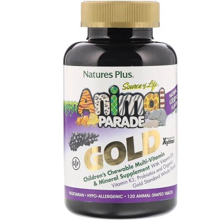 Жувальні мультивітаміни і мінерали для дітей смак винограду Animal Parade Gold Nature's Plus 120 таблеток у формі тварин