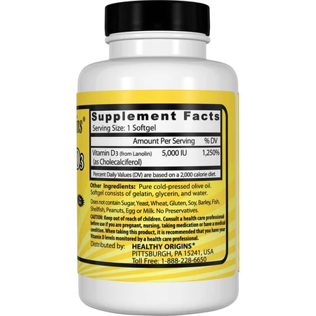 Витамин D3 Vitamin D3 5000 МЕ Healthy Origins 30 капсул: цены и характеристики