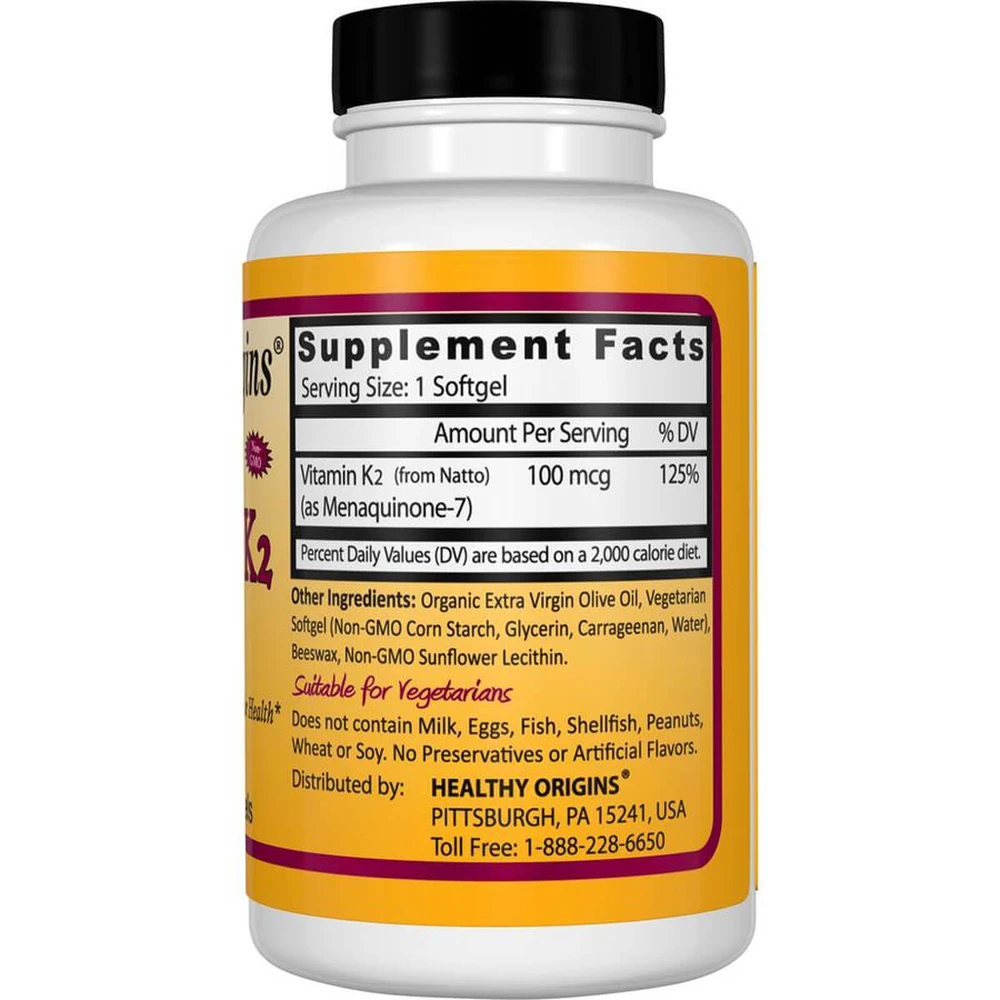 Вітамін К2 в формі МК-7 Vitamin K2 as MK-7 Healthy Origins 100 мкг 60 капсул: ціни та характеристики