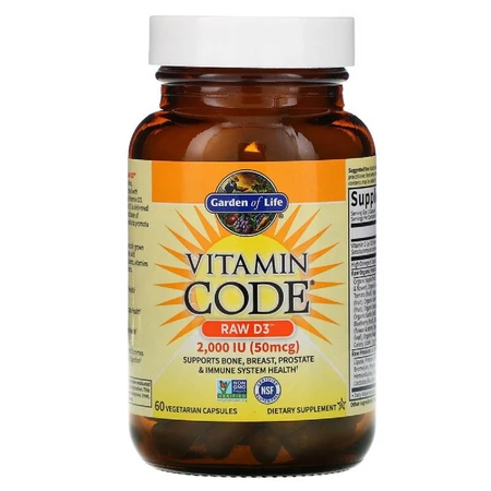 Сирий Вітамін D3 RAW D3 Vitamin Code Garden of Life 2000 МО (50 мкг) 60 вегетаріанських капсул: ціни та характеристики