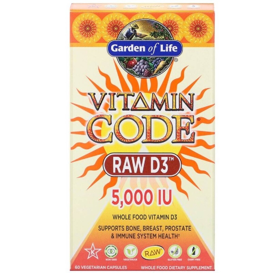 Сирий Вітамін D3 RAW D3 Vitamin Code Garden of Life 5000 МО (125 мкг) 60 вегетаріанських капсул: ціни та характеристики