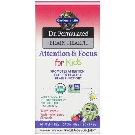 Детский комплекс для внимания и концентрации Dr. Formulated Brain Health Garden of Life 60 жевательных таблеток со вкусом арбуза