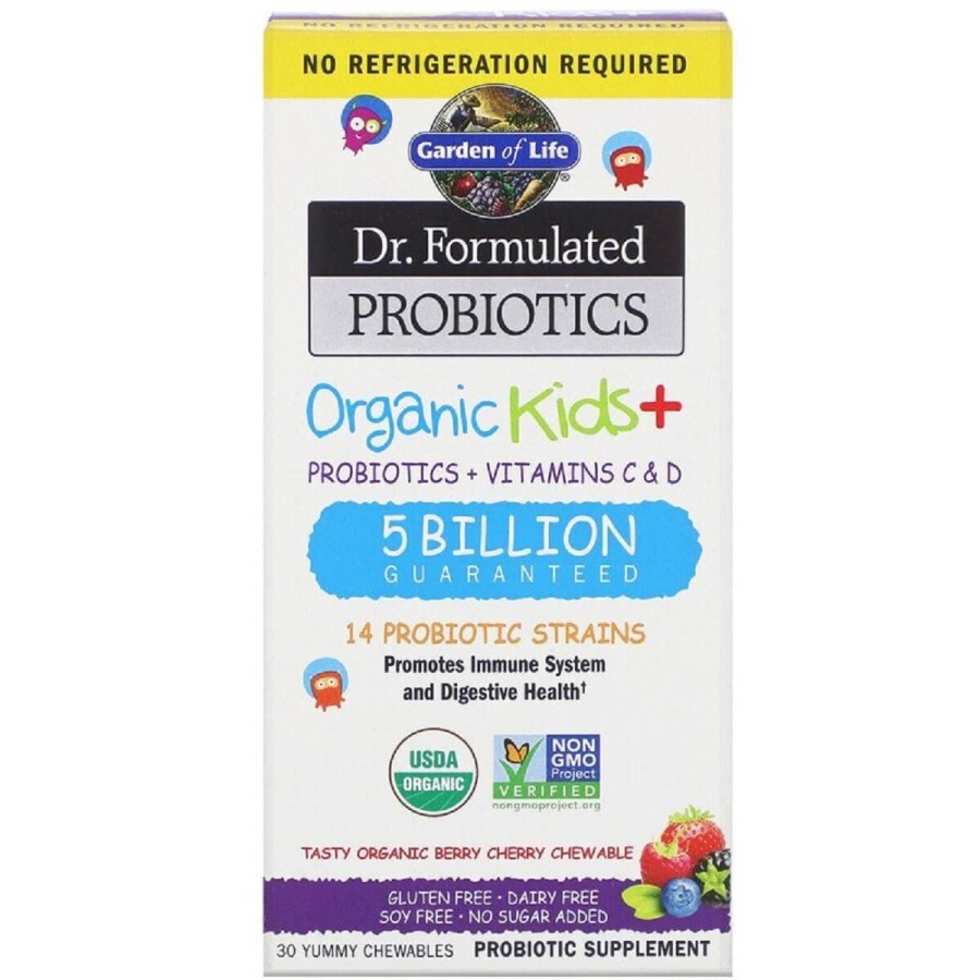 Пробиотики для детей + Витамины C и D вкусные органические ягоды и вишня Organic Kids + Garden of Life 30 жевательных таблеток: цены и характеристики