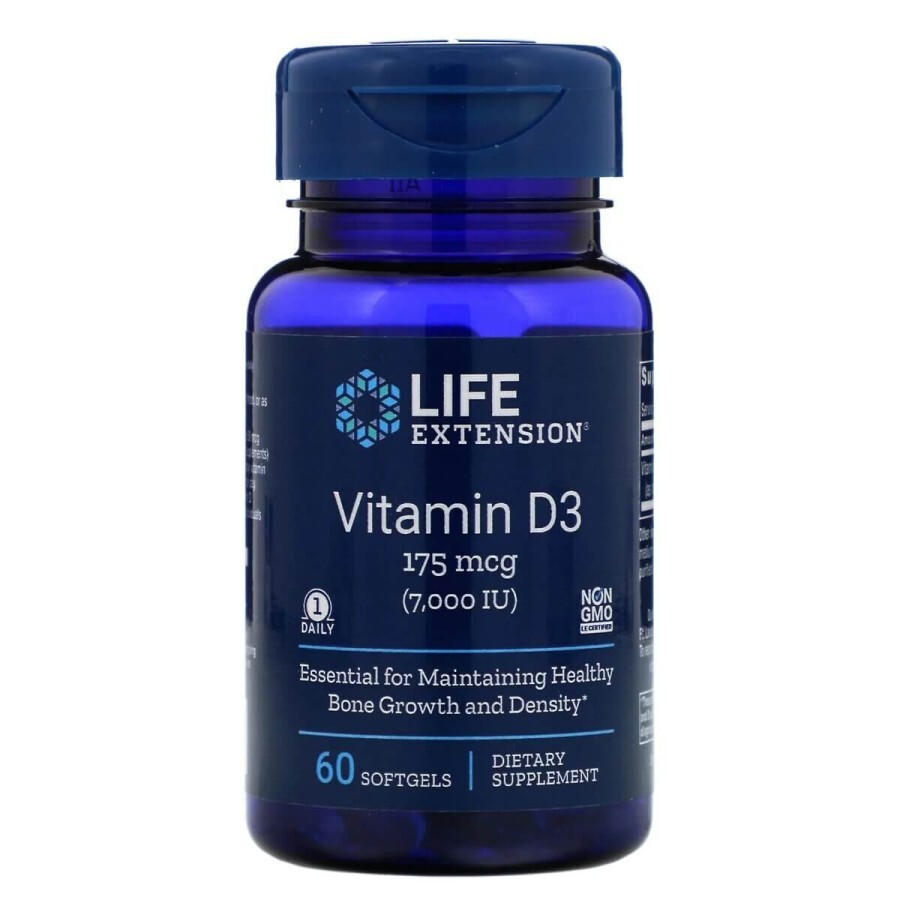 Вітамін D3 Life Extension Vitamin D3 175 мкг (7000 МО) 60 гелевих капсул: ціни та характеристики