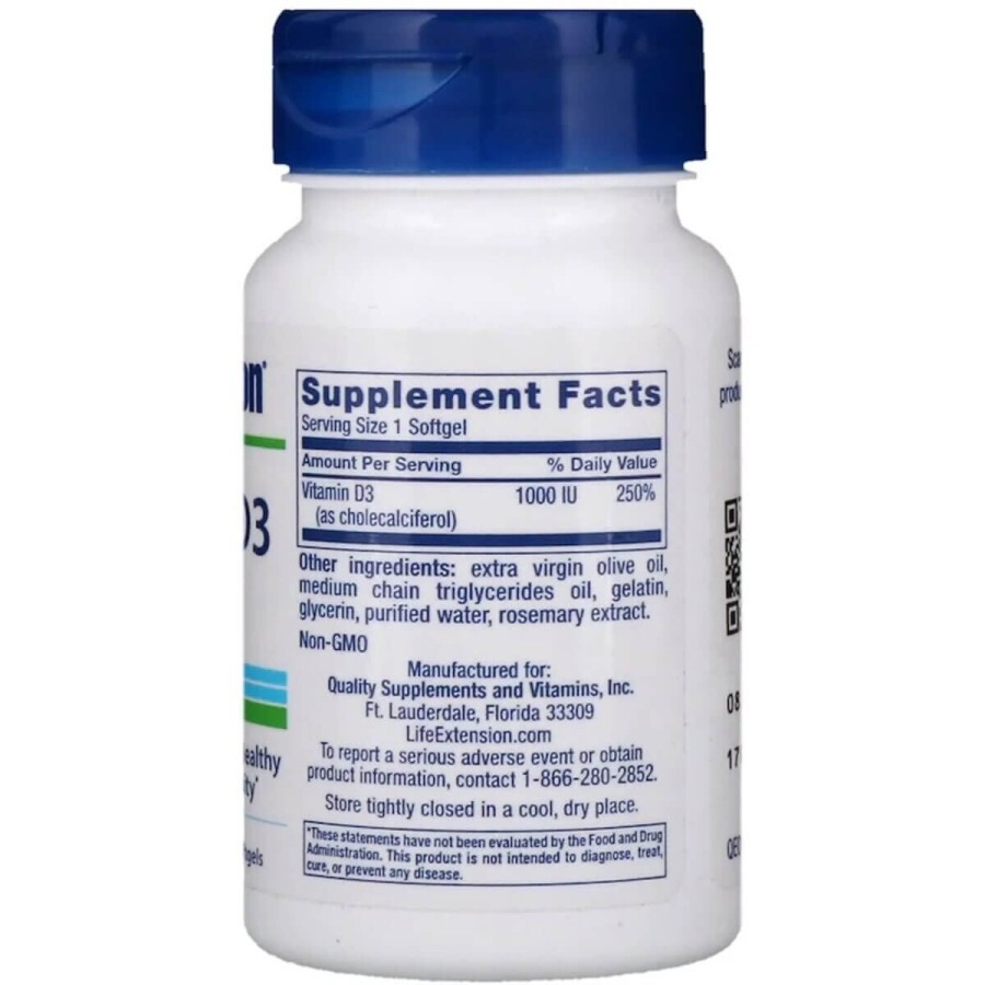 Витамин D3 Vitamin D3 Life Extension 25 мкг (1000 МЕ) 90 гелевых капсул: цены и характеристики