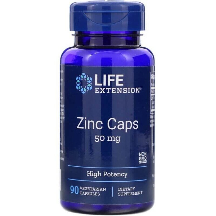 Цинк високої ефективності Zinc Caps High Potency Life Extension 50 мг 90 вегетаріанських капсул: ціни та характеристики