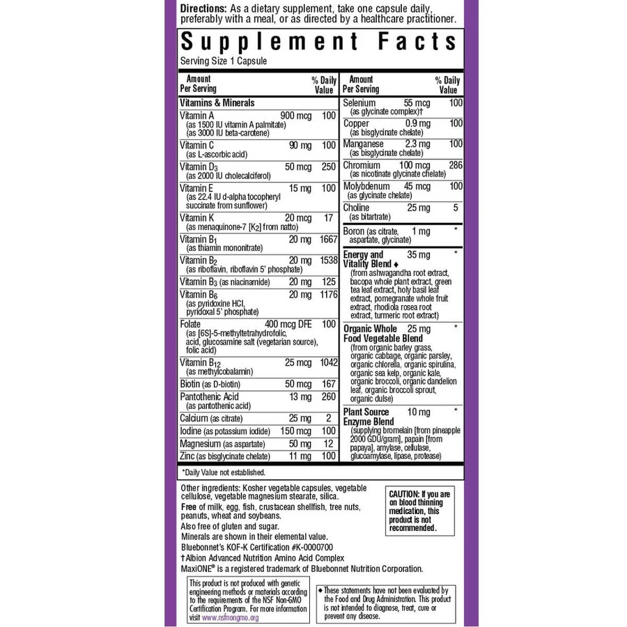 Мультивитамины без железа MAXI ONE Iron Free Bluebonnet Nutrition 30 вегетарианских капсул: цены и характеристики