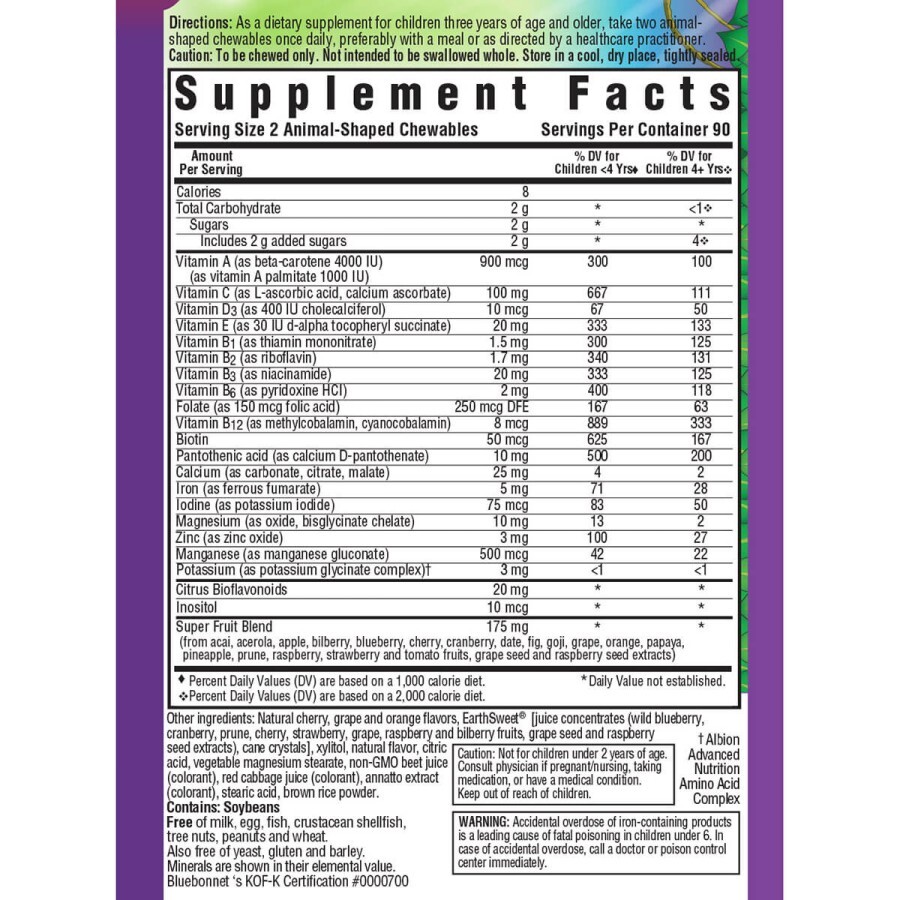 Мультивитамины для детей вкус фруктов Rainforest Animalz Bluebonnet Nutrition 180 жев. таб.: цены и характеристики