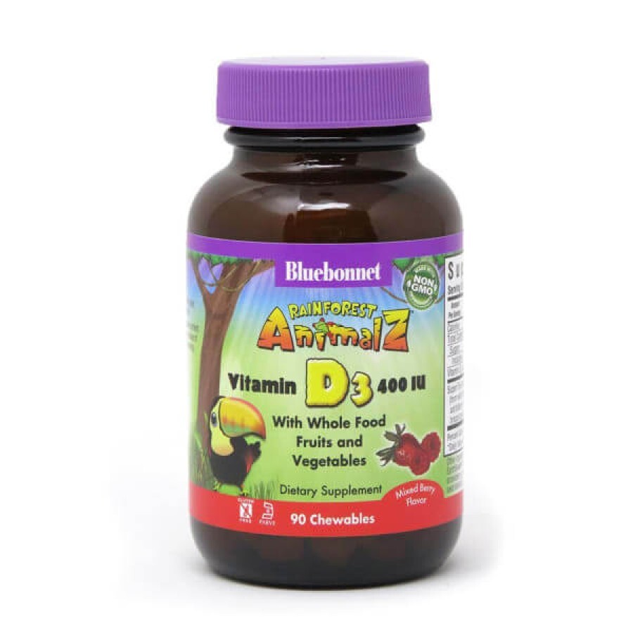 Вітамін D3 400 МО для дітей смак ягід Rainforest Animalz Bluebonnet Nutrition 90 жувальних цукерок: ціни та характеристики