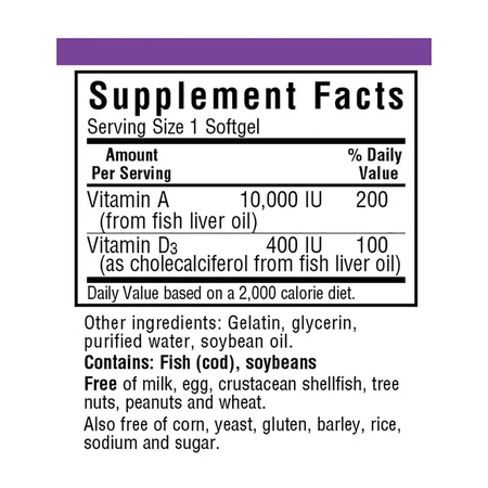 Вітамін А і D3 10 000 МО / 400 МО Bluebonnet Nutrition 100 желатинових капсул: ціни та характеристики