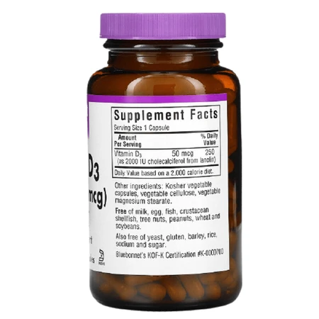 Вітамін D3 2000 МО Bluebonnet Nutrition 180 вегетаріанських капсул: ціни та характеристики