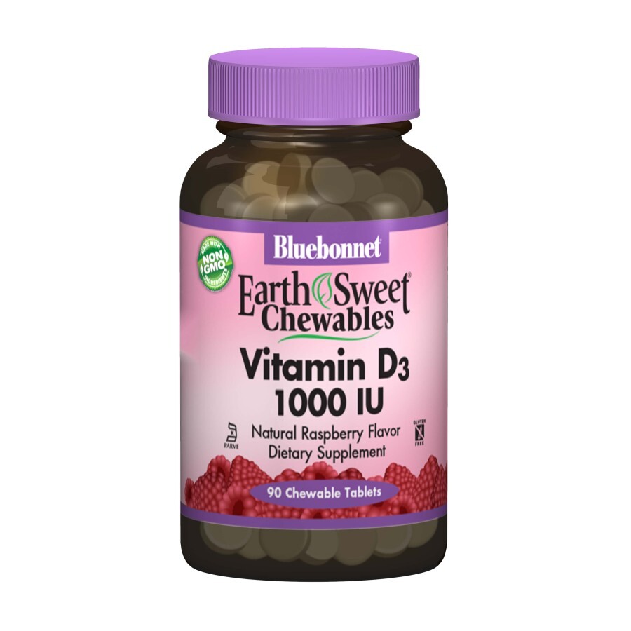 Вітамін D3 1000 МО Смак Малини Earth Sweet Chewables Bluebonnet Nutrition 90 жувальних таблеток: ціни та характеристики
