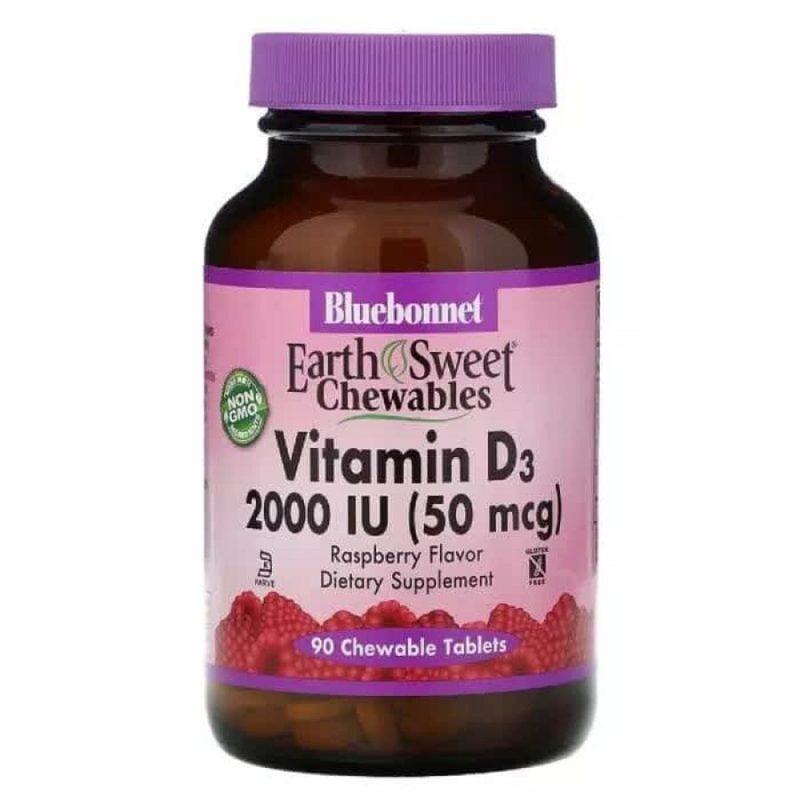 Вітамін D3 2000 МО Смак Малини Earth Sweet Chewables Bluebonnet Nutrition 90 жувальних таблеток: ціни та характеристики