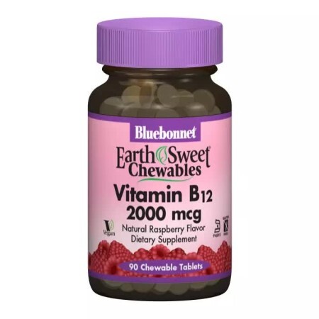 Вітамін В12 2000 мкг смак малини Earth Sweet Chewables Bluebonnet Nutrition 90 жувальних таблеток