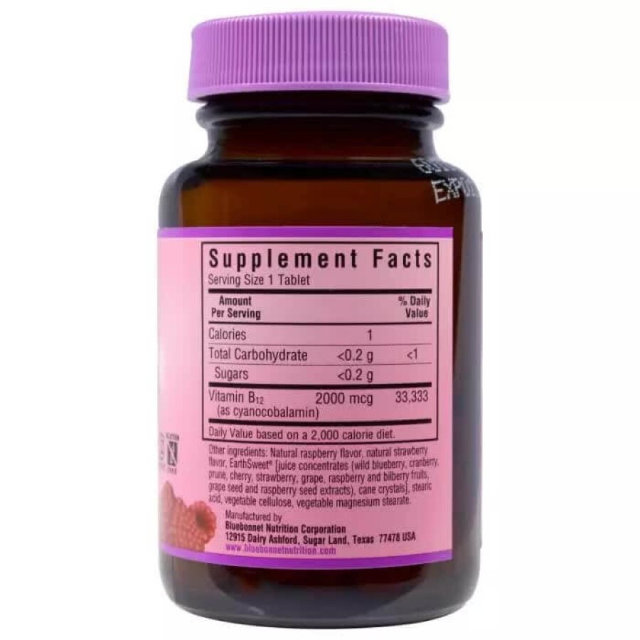 Вітамін В12 2000 мкг смак малини Earth Sweet Chewables Bluebonnet Nutrition 90 жувальних таблеток: ціни та характеристики