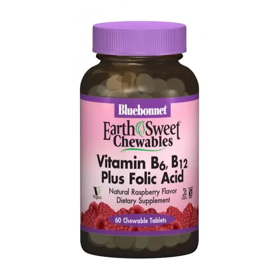 Витамин В6 + B12 + Фолиевая кислота Вкус Малины Earth Sweet Chewables Bluebonnet Nutrition 60 жевательных таблеток: цены и характеристики