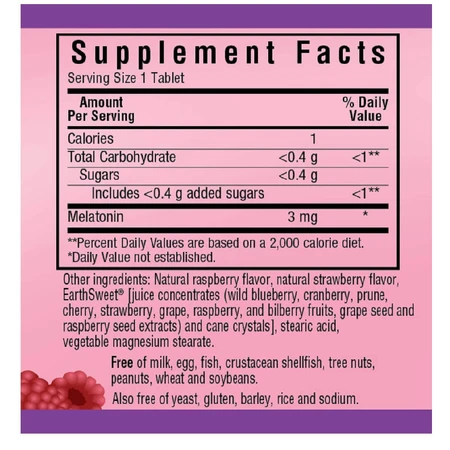 Мелатонін Melatonin 3 мг Bluebonnet Nutrition EarthSweet Малиновий Смак 60 жувальних таблеток: ціни та характеристики