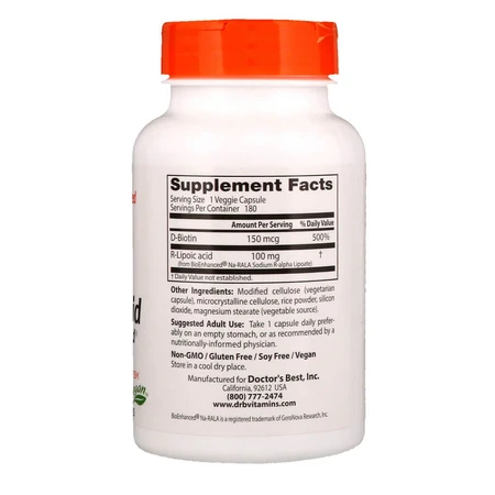 R-Ліпоєва кислота R-Lipoic Acid Doctor's Best 100 мг 180 капсул: ціни та характеристики