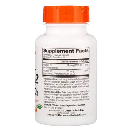 Витамин K2 с D3 Vitamin K2 plus Vitamin D3 Doctor's Best 180 мкг 60 капсул: цены и характеристики