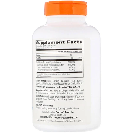 Рыбий жир Омега-3 Doctor's Best Omega 3 Fish Oil with Goldenomega 1000 мг 120 капсул: цены и характеристики