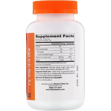 Вітамін С з апельсиновим смаком Vitamin C Gummies Doctor's Best 250 мг 120 желейних цукерок: ціни та характеристики