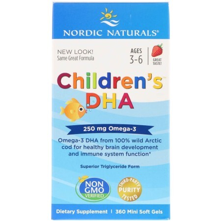 Рыбий жир (ДГК) для детей (3-6 лет) 250 мг Children's DHA Nordic Naturals 360 мини капсул вкус клубники 