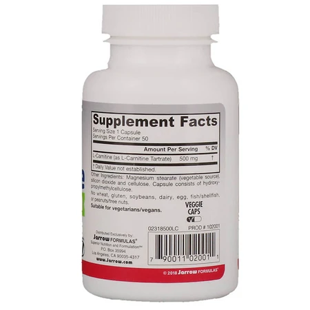 L-Карнитин 500 мг L-Carnitine Jarrow Formulas 50 вегетарианских капсул: цены и характеристики