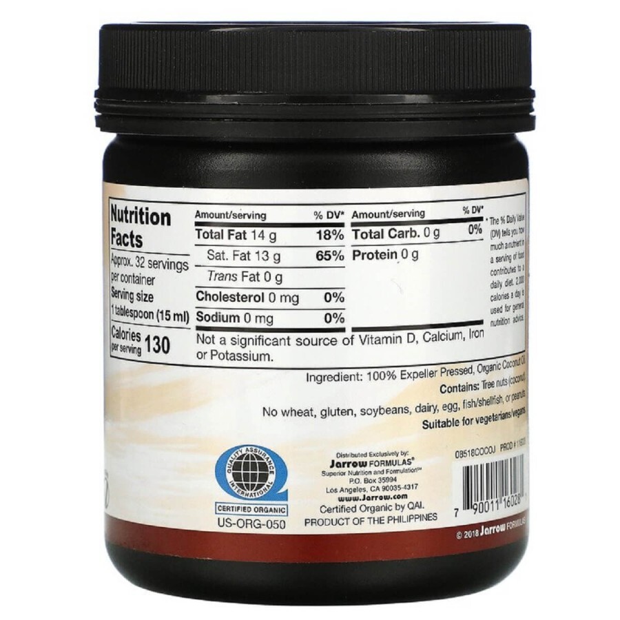 Органічне кокосове масло Organic Coconut Oil Expeller Pressed Jarrow Formulas 473 гр: цены и характеристики